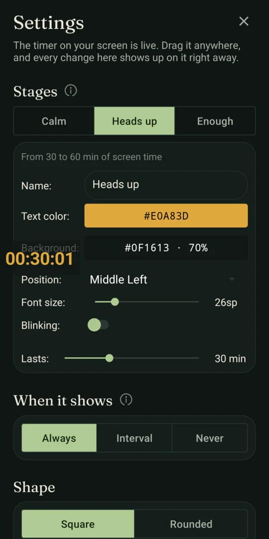 Settings with the live timer preview
